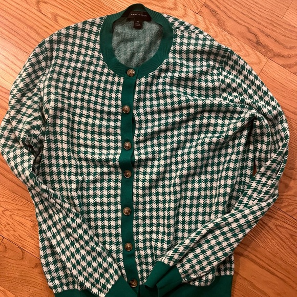 Ann Taylor Houndstooth Cardigan Sweater Green-XL - Picture 2 of 3